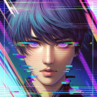 Glitch Art Mysterieus Digitaal Portret met Blauw Haar