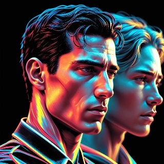 Glowing Neon Line Art Male Profile Duo