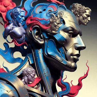 Metallic Cybernetic Bust Abstract Red Blue Sculpture