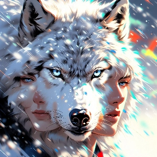 Snow wolf with icy blue eyes stares intensely in winter glow, blending fierce animal and ethereal human vibes for a mysterious profile presence