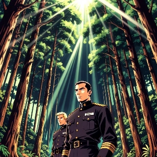Deep forest light rays through trees illuminating two stern anime staff officers in navy uniforms, exuding authoritative and vigilant vibe