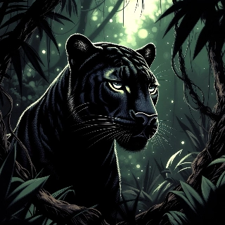 Sleek Black Panther in Mystical Jungle Night Art