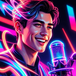 Smiling Twitch Streamer with Neon Mic Vaporwave Art