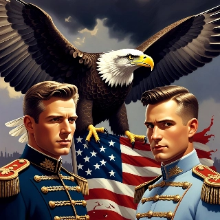 Ufficiali gemelli severi con bandiera americana dell'aquila calva
