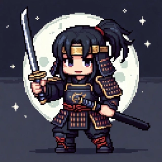 Chibi Samurai Anime Katana Moon Pixel Art