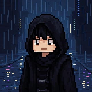 Cyberpunk Rainy Street Pixel Hooded Figure