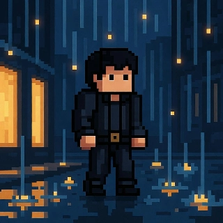 Odraz pixelů skinu z Cyberpunku pro Rainy Street v Minecraftu