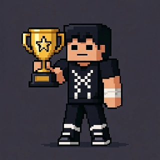 แชมป์อีสปอร์ตถือถ้วยรางวัล ภาพพิกเซลอาร์ตจาก Minecraft