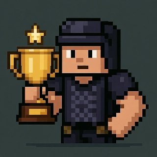 ภาพพิกเซลอาร์ตแชมป์อีสปอร์ต Minecraft ถือถ้วยรางวัลทองคำ