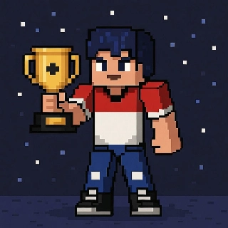 Champion e-sport de Minecraft brandissant un trophée doré en pixel art