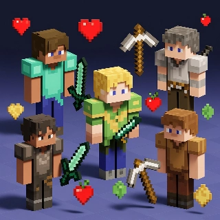 กลุ่มสกิน Minecraft พร้อมไอคอนลอยและอาวุธ