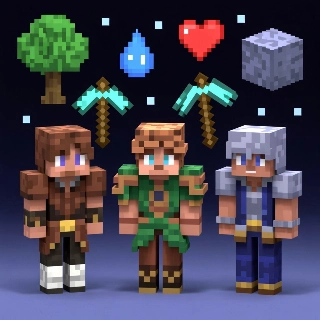 ไอคอนลอยตัวของสกิน Minecraft สามแบบในโลกเสมือนจริง