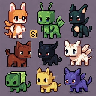 Pocket monster style pixel creatures featuring cute chibi cats and aliens with expressive eyes and vibrant colors for gaming PFPs