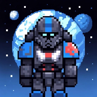 Pixelated Space Marine on Cosmic Planetary Background