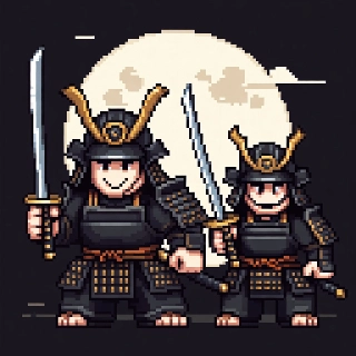 Chibi Samurai Duo Katana Moon Pixel Art
