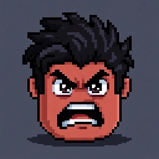 Angry fierce intense eyes in Roblox avatar with snarling mouth, spiky black hair, and red skin in pixel art style