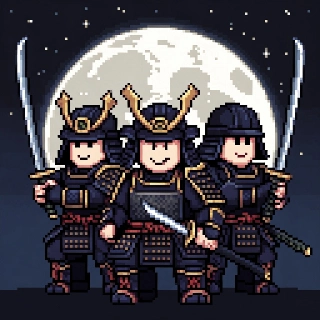 Pixel Art Samurai Trio with Katanas Moon Backdrop