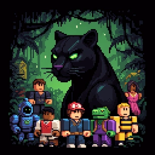 Sleek Black Panther with Roblox Avatars in Pixel Jungle Night