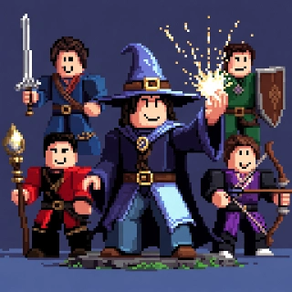 Wizard casting spell magic energy in Roblox pixel art PFP, surrounded by smiling knight, mage, archer, and shieldbearer in epic group vibe