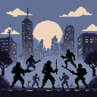 16-Bit JRPG Pixel Art City Silhouette Battle
