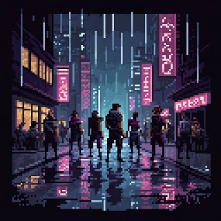 Cyberpunk Rainy Street Pixel Valorant Agent Group