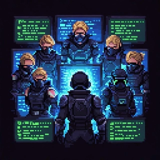 Dark hacker vibe code on screen surrounds central masked Valorant agent in tactical gear, pixel art style with glowing green matrices.
