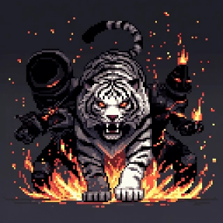 Fierce Pixel Tiger with Fire Sparks Pixel Art