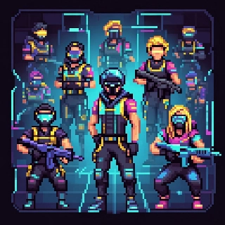 Metaverse avatar futuristic gear featuring intense Valorant agents in cyberpunk pixel art, armed and ready for battle with confident vibes