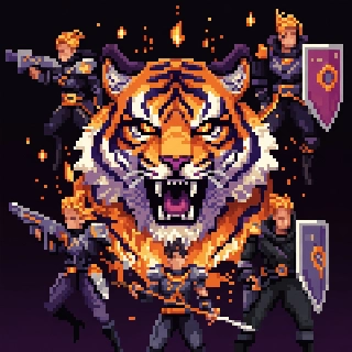 Powerful Roaring Tiger Fire Sparks Pixel Art
