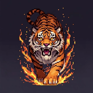 Powerful Roaring Tiger Fire Sparks Pixel Art