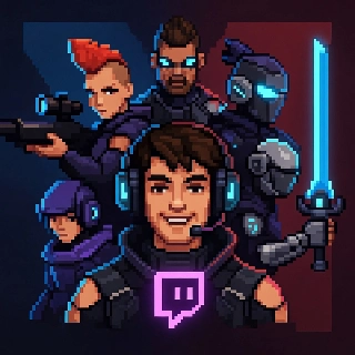 Smiling Twitch Streamer Neon Mic Pixel Art