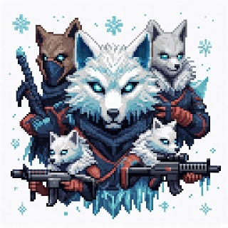 Snow Wolf Valorant Agent Pixel Art with Icy Eyes