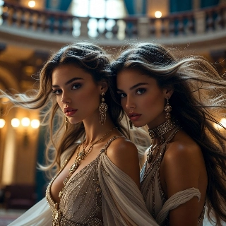Arrogant elite baddie girls looking down with sultry smirks, flowing hair, gold jewelry in opulent hall