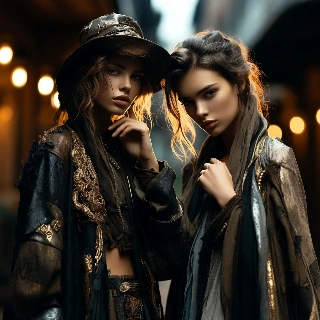 High end streetwear hypebeast vibe baddie girls with sultry expressions posing confidently in urban night archway