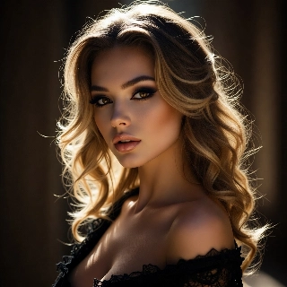 Fashion icon vogue cover style blonde baddie with sultry gaze, dramatic makeup, wavy hair and black lace top