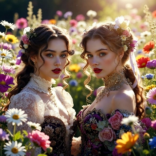 Cottagecore Baddie Girls in Flower Field Sunlight