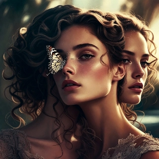 Butterfly on nose soft nature image of mysterious baddie girl with wavy hair and glowing skin vibe