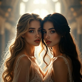 Ethereal beauty with soft glowing light illuminates two baddie girls, one blonde and one brunette, exuding confident and seductive vibes in a mystical setting