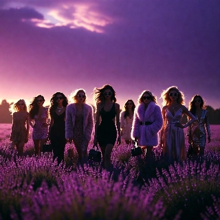 Lavender field purple sunset with confident baddie girls in fur coats sunglasses exuding fierce glamorous vibe