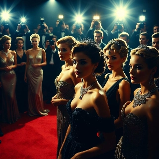 Red carpet event camera flashes illuminate glamorous baddie girls in elegant gowns, exuding confident and seductive vibes on the spotlight runway.