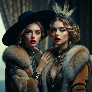 Indie kid high saturation playful baddie girls PFP with sultry blue eyes, red lips, feathers, fur and ornate jewelry