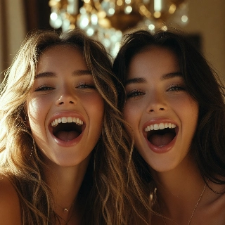 Radiant laughter pure happiness baddie girls PFP with blonde brunette duo wide smiles joyful vibe