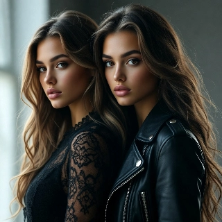 High end streetwear baddie girls PFP with hypebeast vibe, sultry twin sisters in leather jacket and lace top gazing intensely