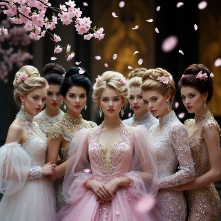 Elegant Korean Girls Under Falling Cherry Blossoms
