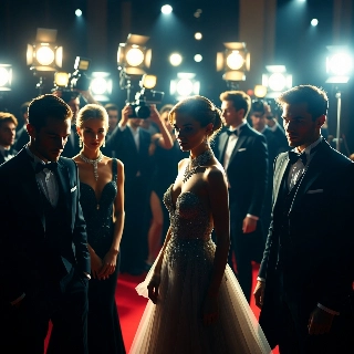 Glamorous Korean Woman on Red Carpet with Camera Flashes