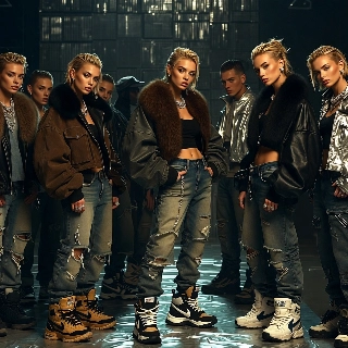 High end streetwear hypebeast vibe Korean style girls with fierce expressions in fur-trimmed jackets, ripped jeans, and chunky sneakers posing confidently in dark urban setting
