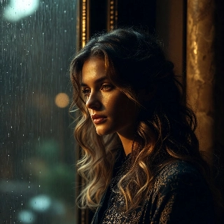 Melancholic Korean Girl Staring at Rainy Window