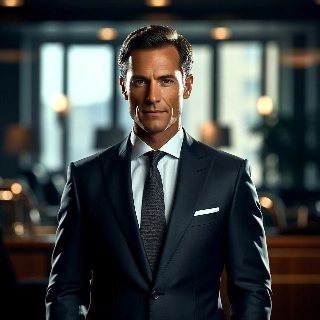 Modern executive in sharp black suit exudes confident authority in stylish office setting with cinematic glow