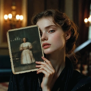 Nostalgic Korean Girl Holding Vintage Photo Portrait