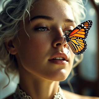 Serene Korean Girl Butterfly on Nose Soft Nature Art